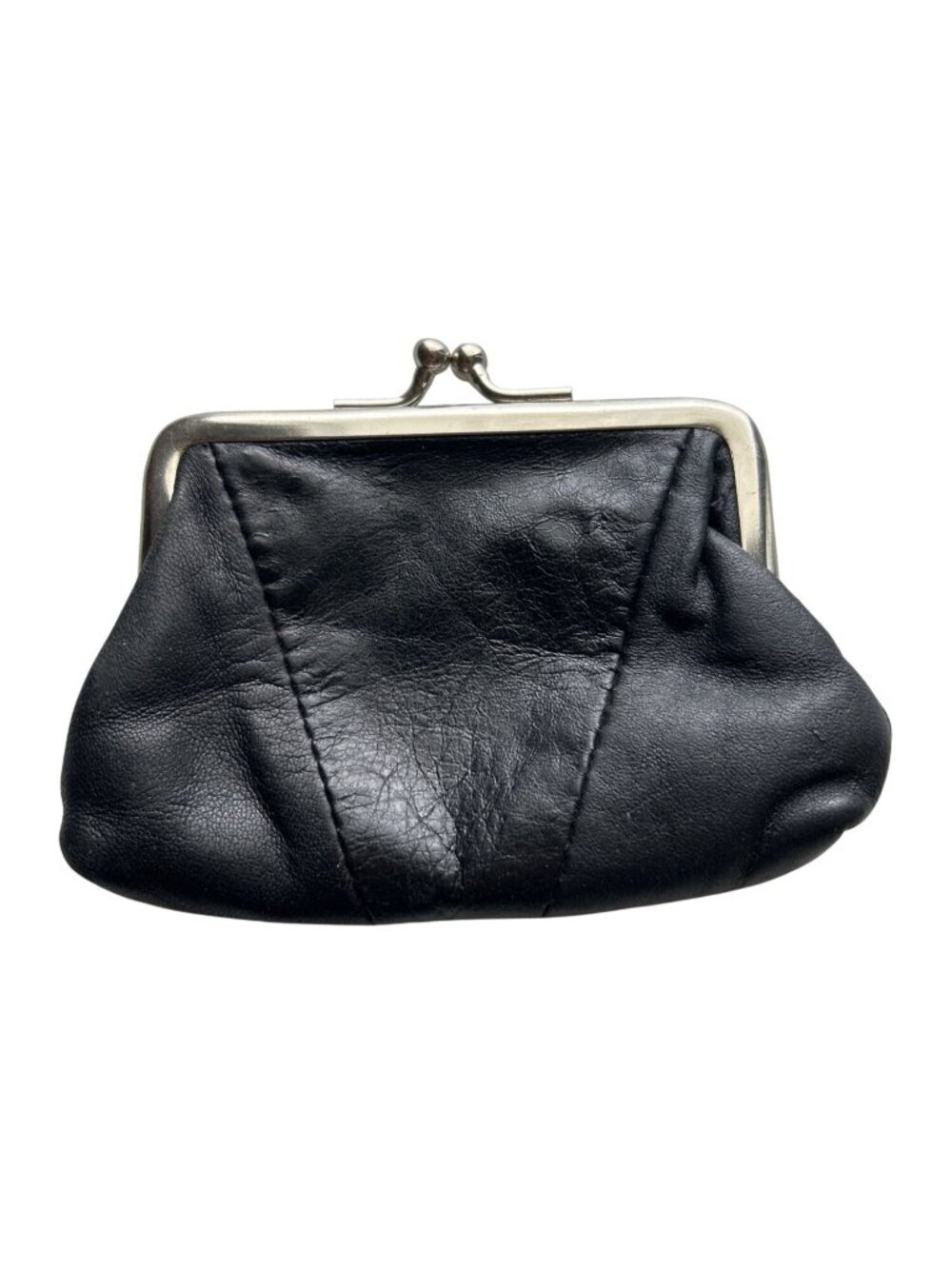 Vintage Black Leather Coin Purse With Silver-Tone Frame & Kiss Lock Closure